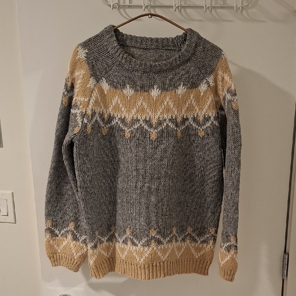 Sweaters - Women's Oversize 100% Mohair Gray & Tan Nordic/Fair Isle Sweater (Size L)